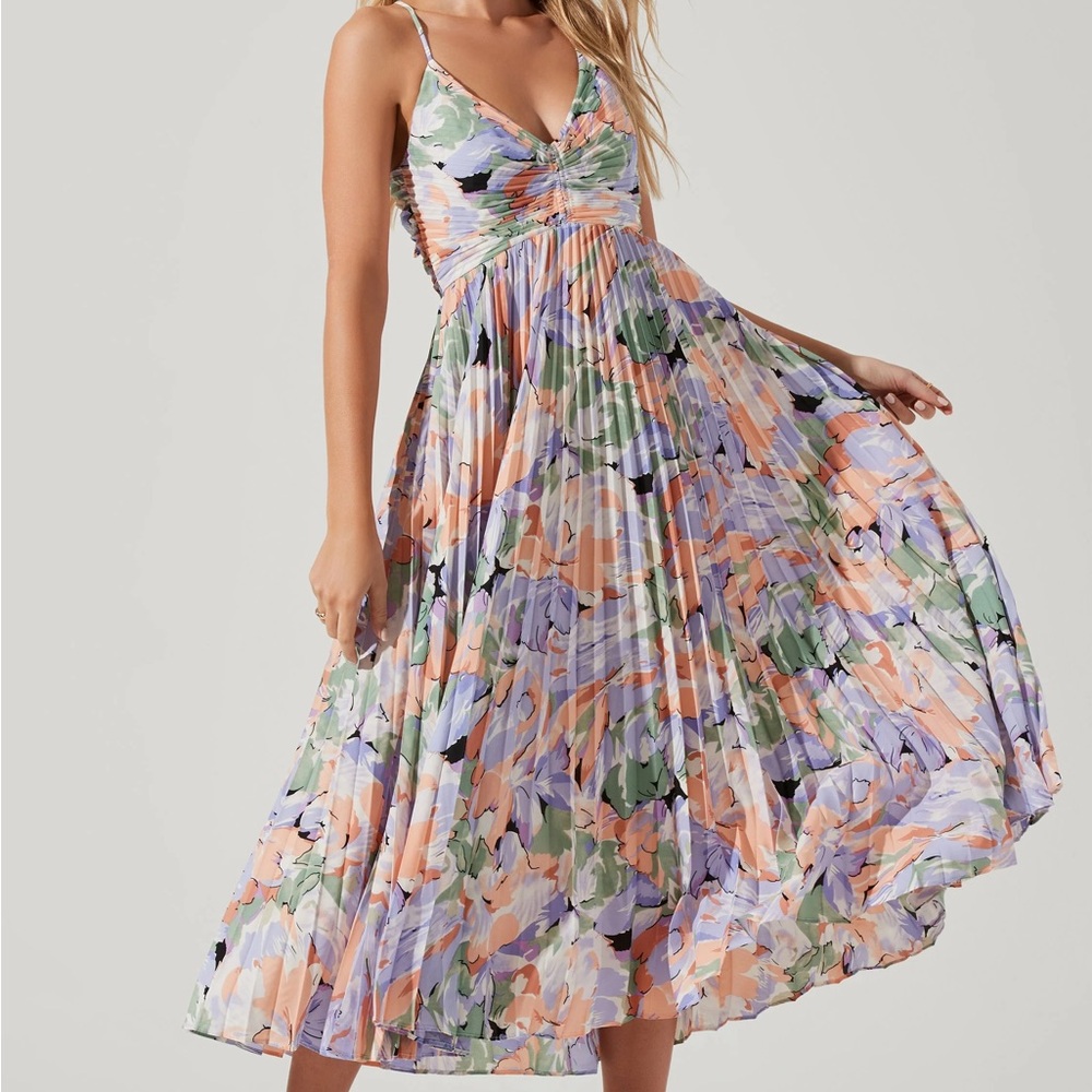 ASTR Blythe Floral Plisse Midi Dress coral multi pleated dress